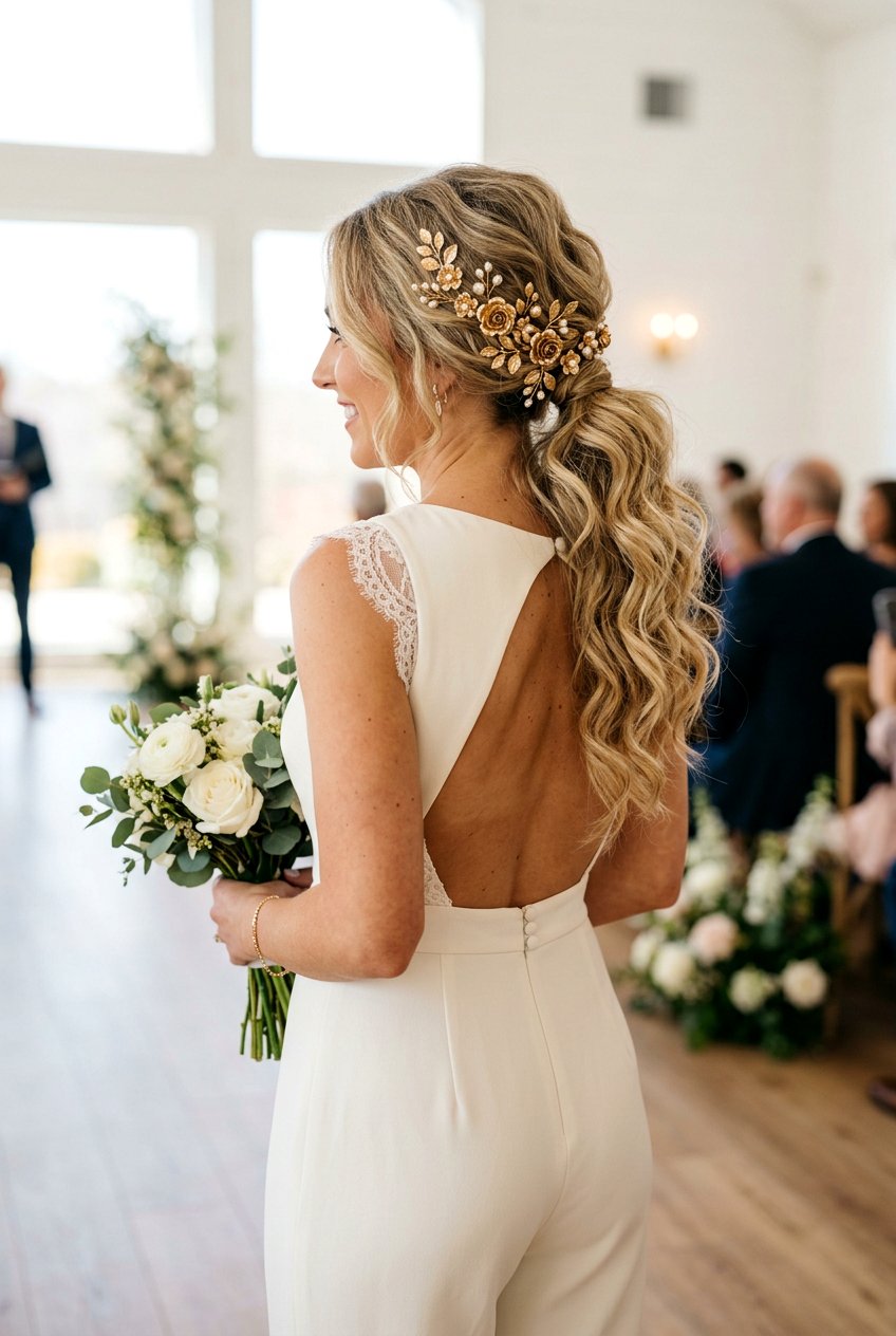 Textured Low Ponytail With Gold Floral Pins - 20 bridal hairstyle with floral pins - 20 bridal hairstyle with floral pins