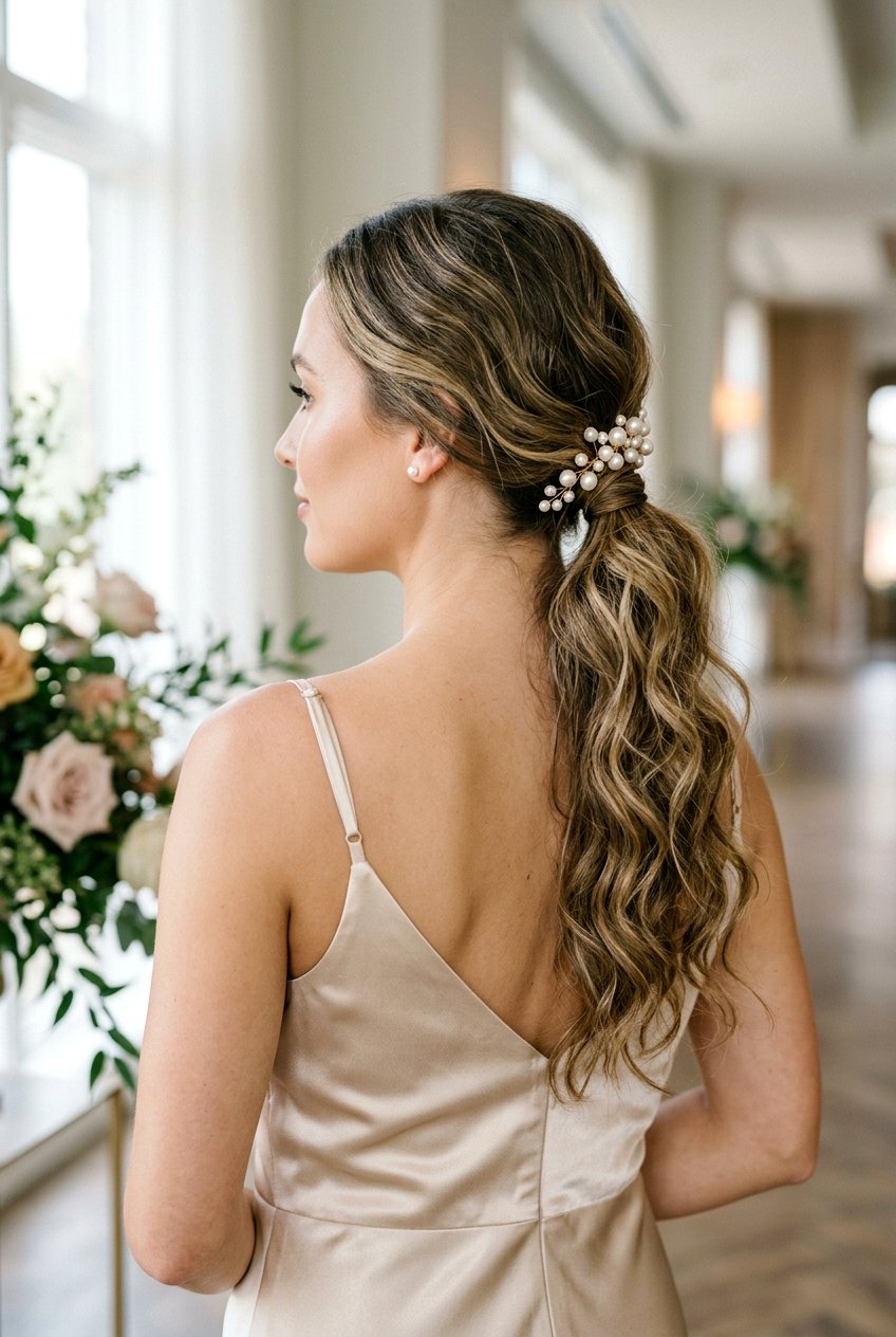 Textured Low Ponytail With Hair Accessory - 20 modern reception ponytail hairstyle - 20 modern reception ponytail hairstyle