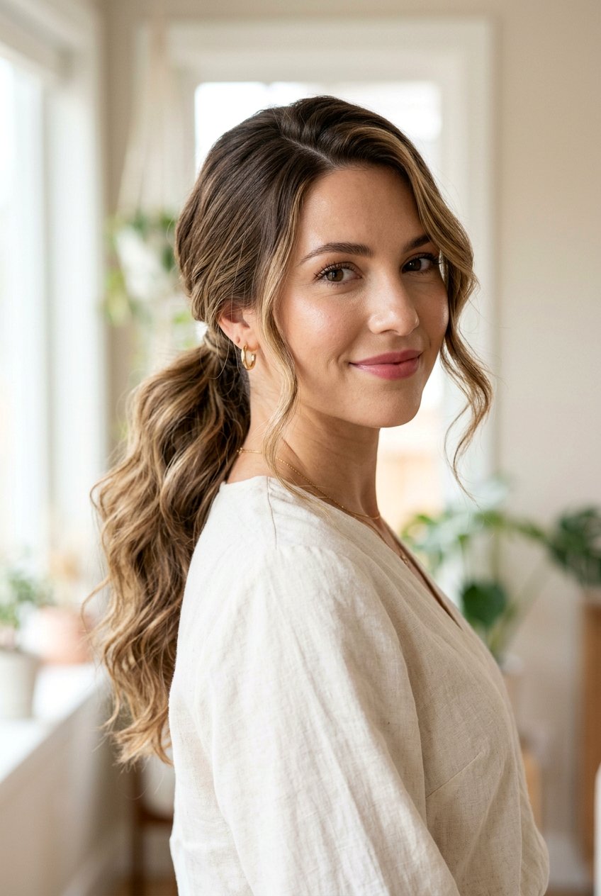 Textured Low Ponytail With Side Part - 20 business casual ponytail hairstyle - 20 business casual ponytail hairstyle