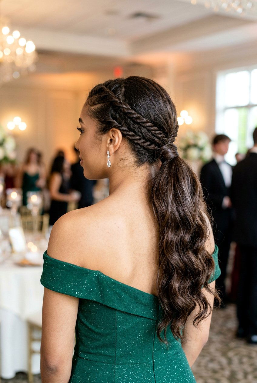 Textured Low Ponytail with Twists for Prom - 20 prom hairstyles for medium hair - 20 prom hairstyles for medium hair
