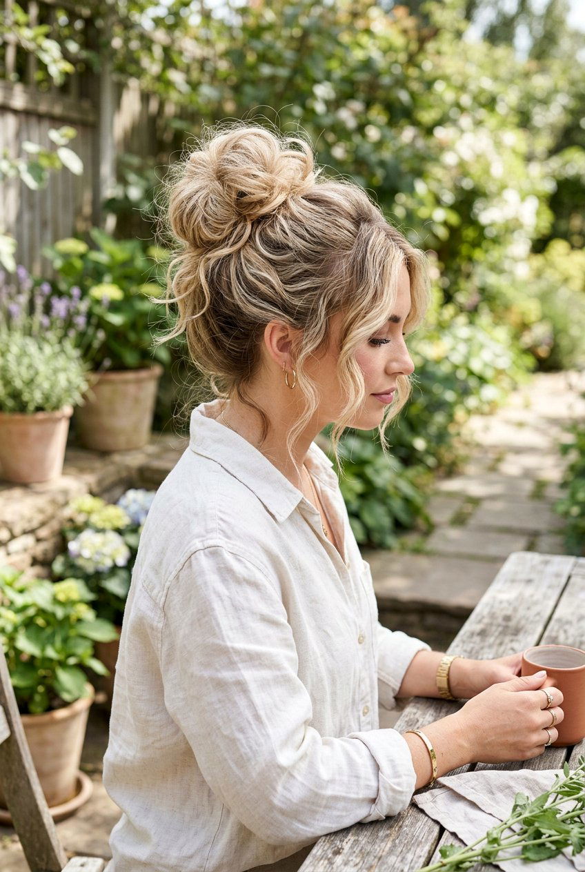Textured Messy Bun for Family Photos - 20 family portrait hairstyles for women - 20 family portrait hairstyles for women