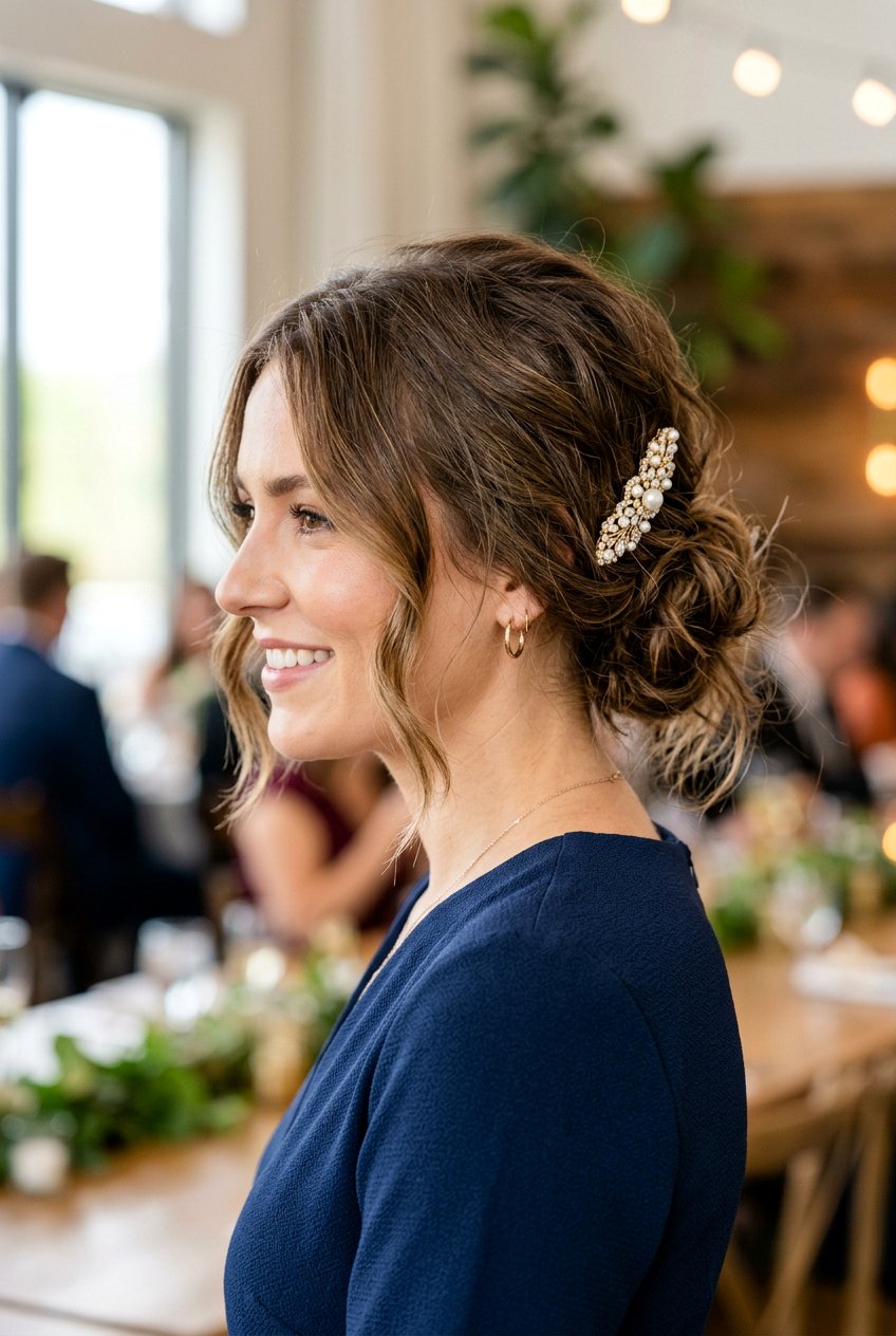 Textured Messy Bun for Short Hair - 20 wedding guest hairstyles for short hair - 20 wedding guest hairstyles for short hair