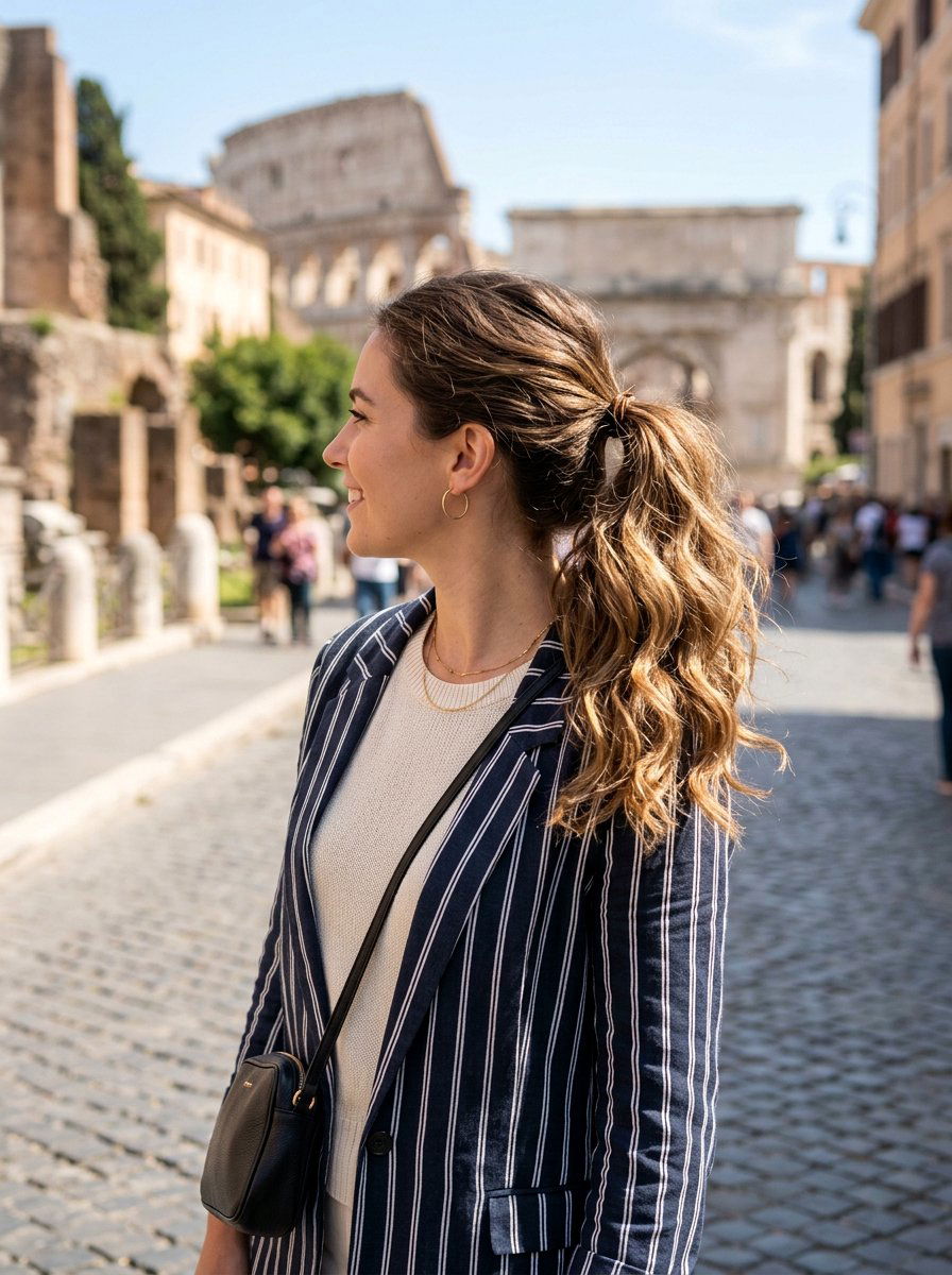 Textured Mid Ponytail For Sightseeing - 20 travel ponytail hairstyle - 20 travel ponytail hairstyle