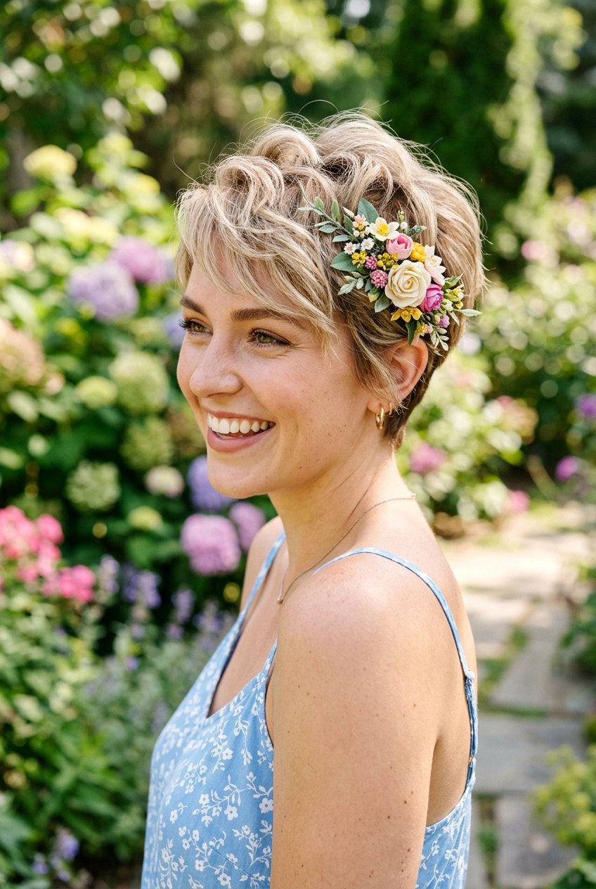 Textured Pixie Cut with Floral Pin - 20 wedding guest hairstyles for short hair - 20 wedding guest hairstyles for short hair