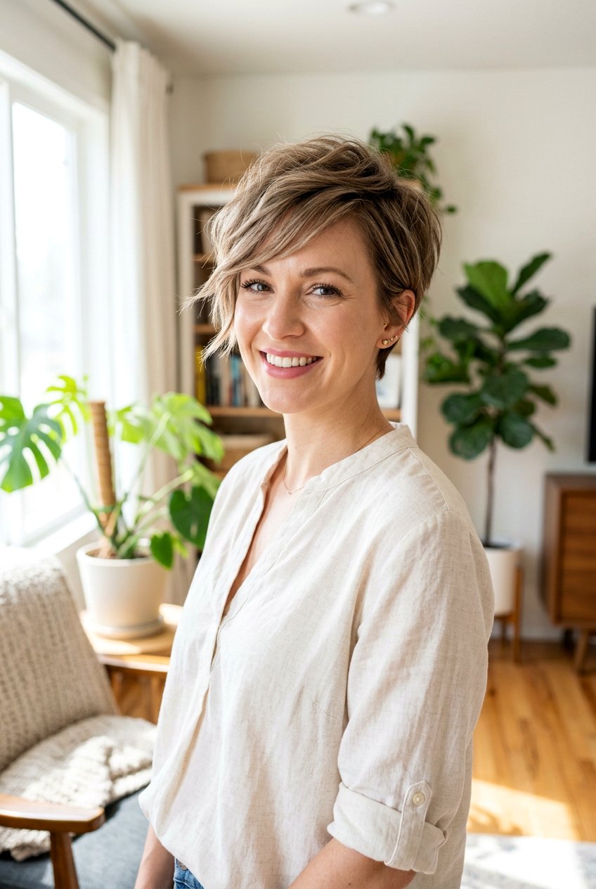 Textured Pixie with Side Swept Bangs - 20 postpartum haircuts for women - 20 postpartum haircuts for women