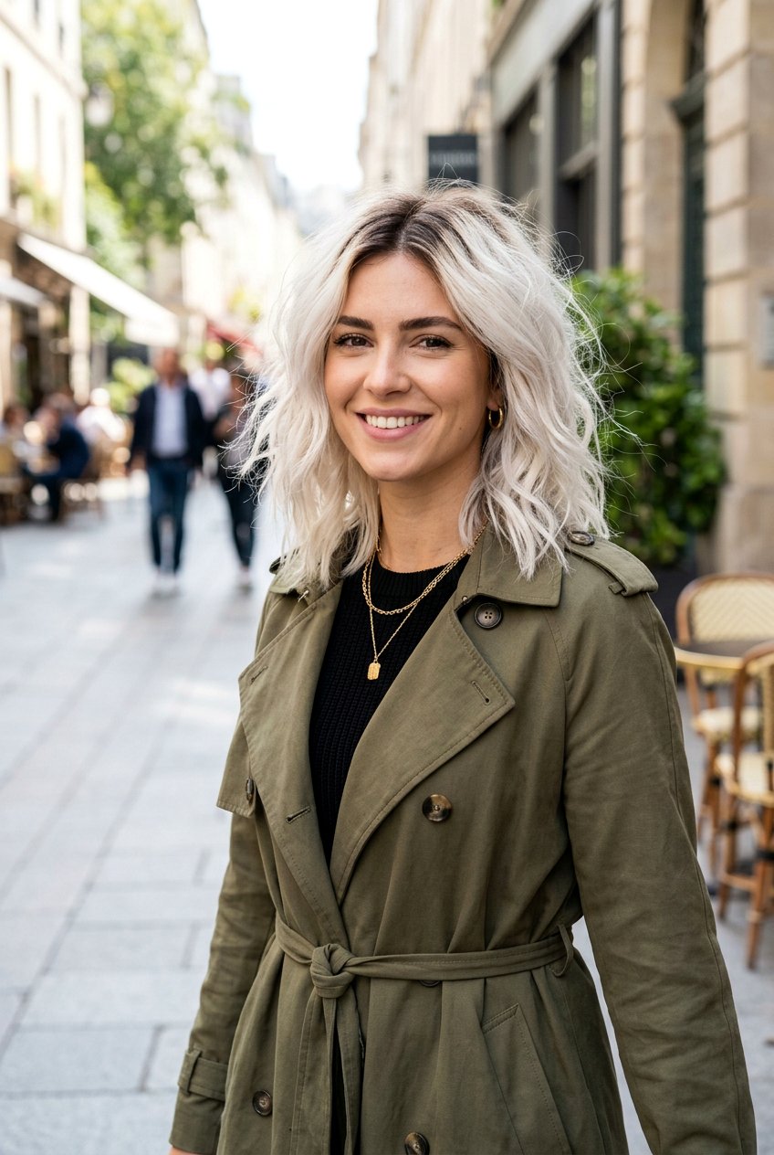 Textured Platinum Lob Dark Roots - 20 rooted platinum blonde for women over 50 - 20 rooted platinum blonde for women over 50