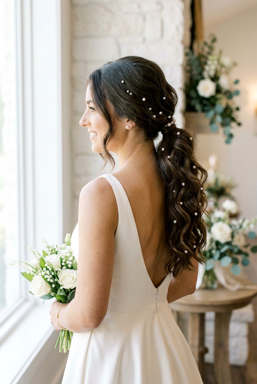 Textured Ponytail With Pearls - 20 bridal hairstyle with textured ponytail - 20 bridal hairstyle with textured ponytail