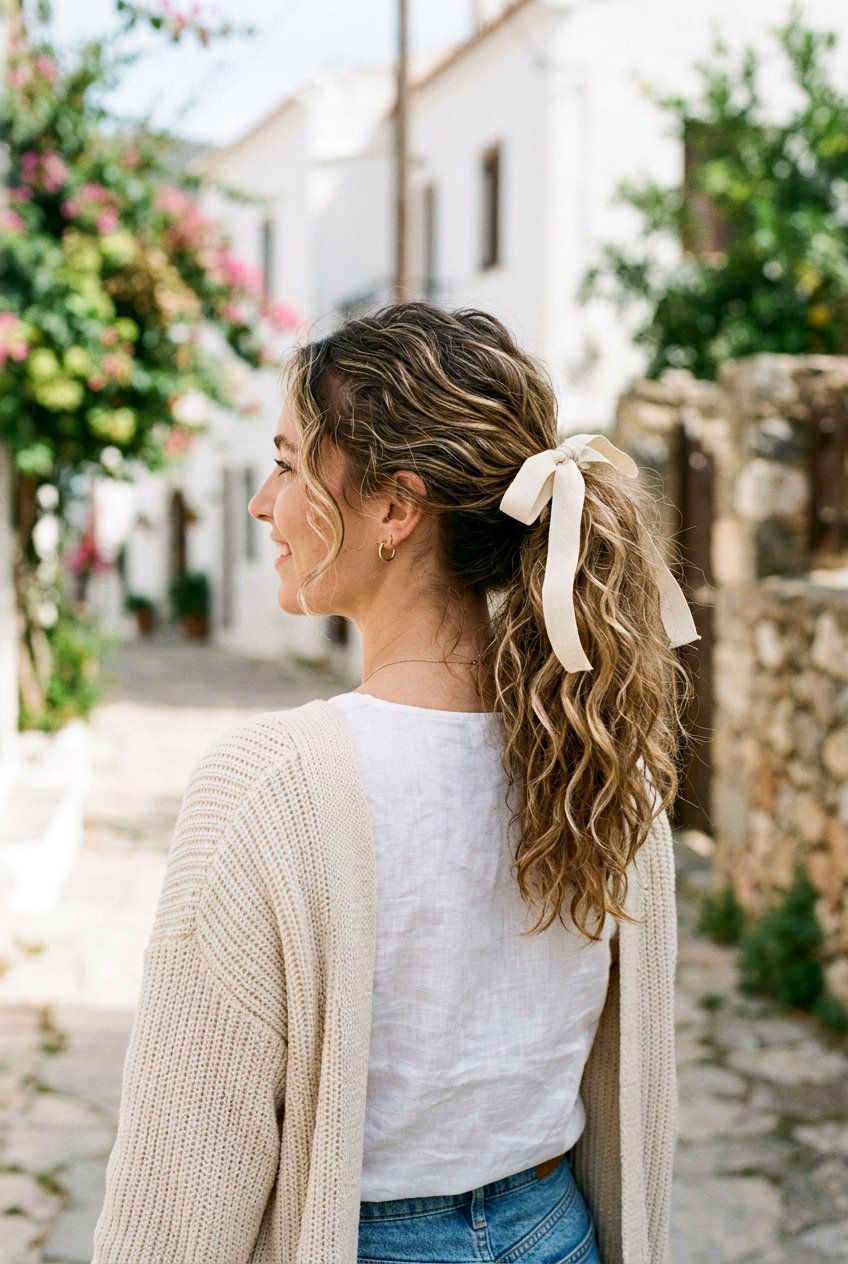 Textured Ponytail With Ribbon Bow - 20 holiday ponytail with bow - 20 holiday ponytail with bow