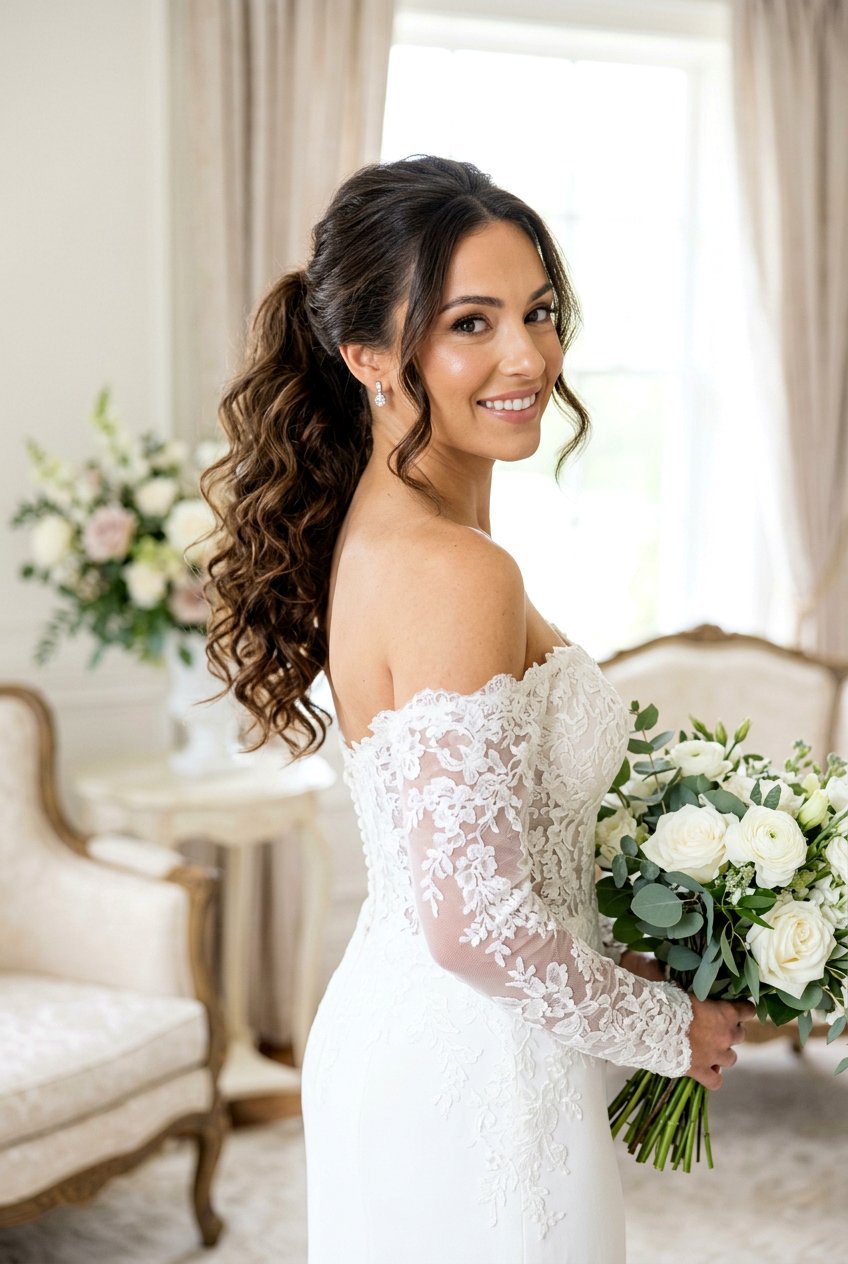 Textured Ponytail - 20 elegant bridal hairstyle for medium hair - 20 elegant bridal hairstyle for medium hair