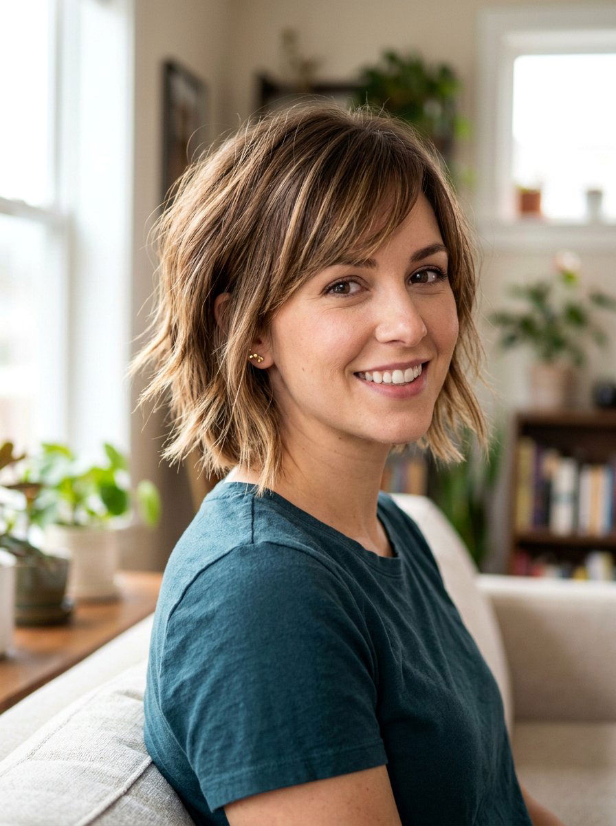 Textured Razored Bob With Side Swept Bangs - 20 razored bob with bangs - 20 razored bob with bangs