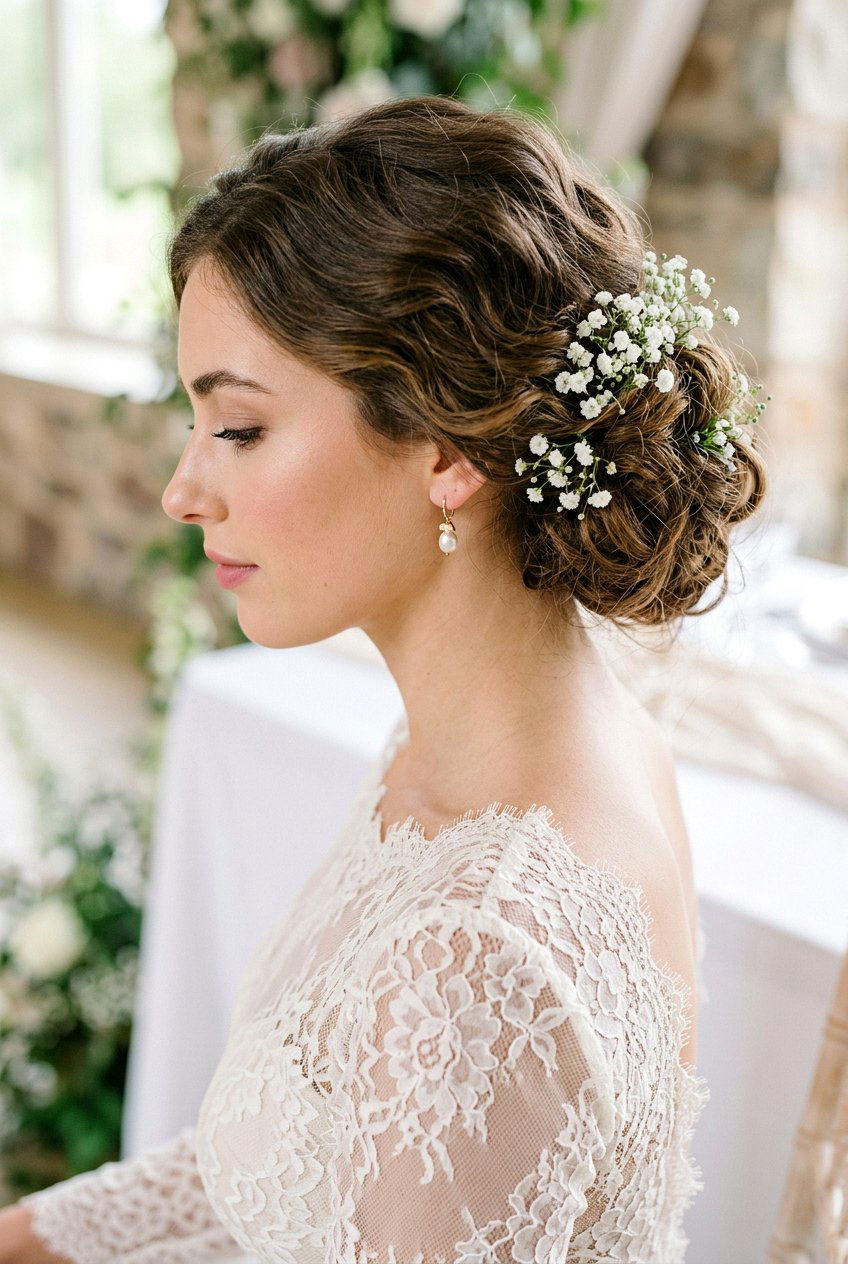 Textured Side Bun With Babys Breath - 20 wedding bun with flowers - 20 wedding bun with flowers