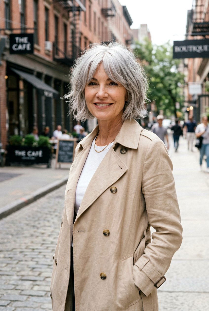 Textured Silver Bob With Curtain Bangs - 20 gray bob with layers for older women - 20 gray bob with layers for older women