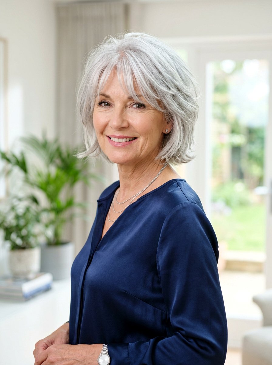 Textured Silver Layered Bob - 20 layered bob with curtain bangs for women over 50 - 20 layered bob with curtain bangs for women over 50
