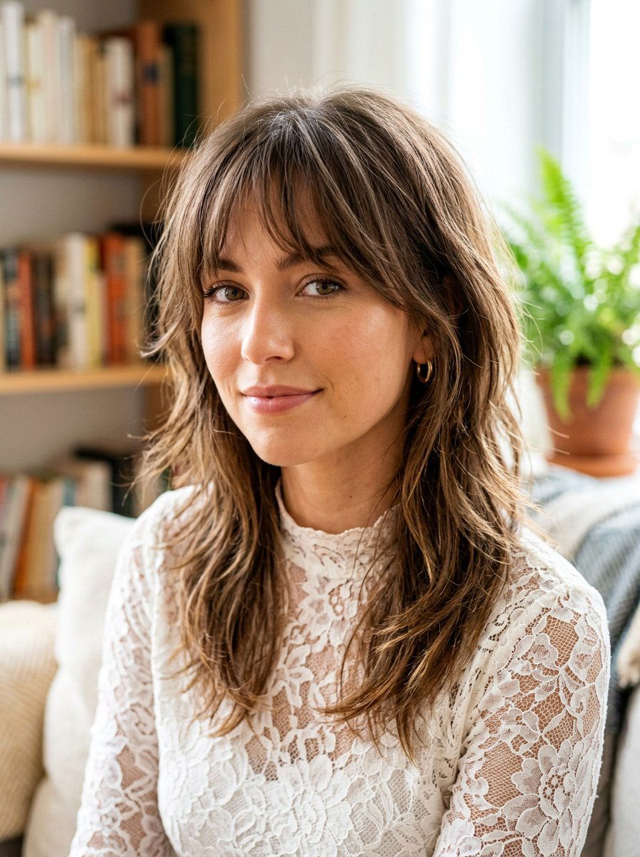 Textured Straight Wolf Cut With Wispy Bangs - 20 straight wolf cut for fine hair women - 20 straight wolf cut for fine hair women