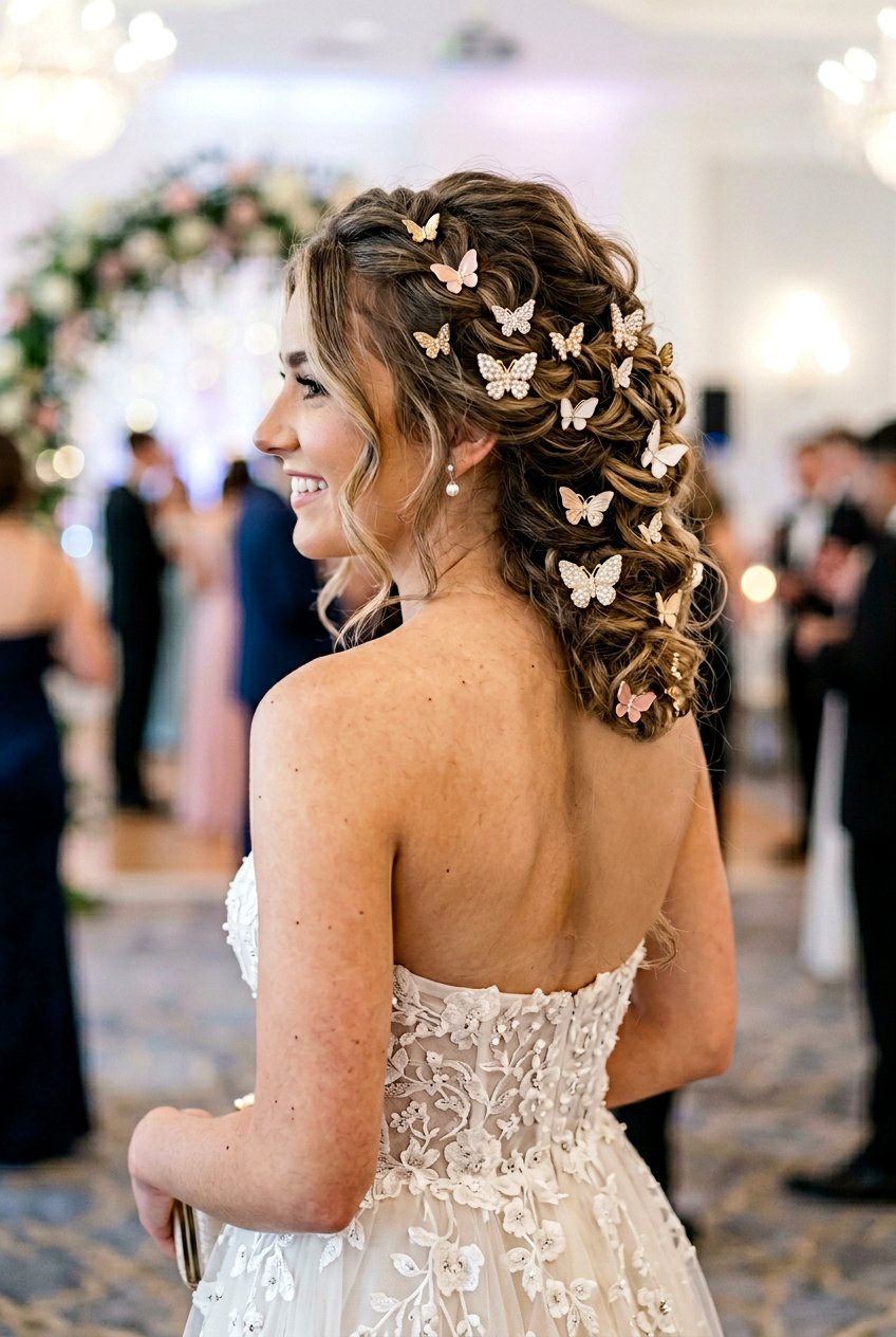 Textured Updo Prom Hair with Butterfly Clips Scattered Throughout - 20 prom hairstyles with butterfly clips - 20 prom hairstyles with butterfly clips