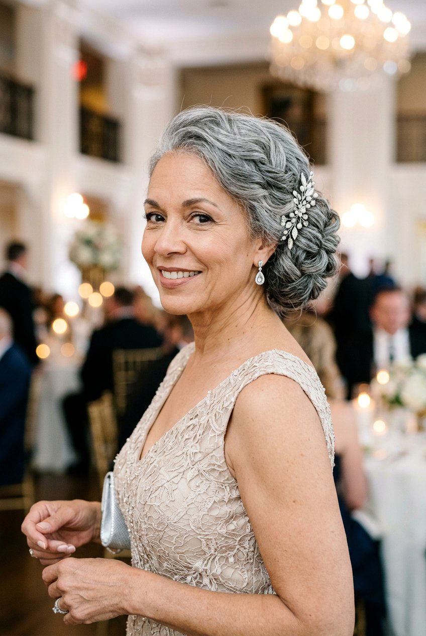 Textured Updo with Gray Hair for Mother of the Bride - 20 mother of the bride hairstyles - 20 mother of the bride hairstyles