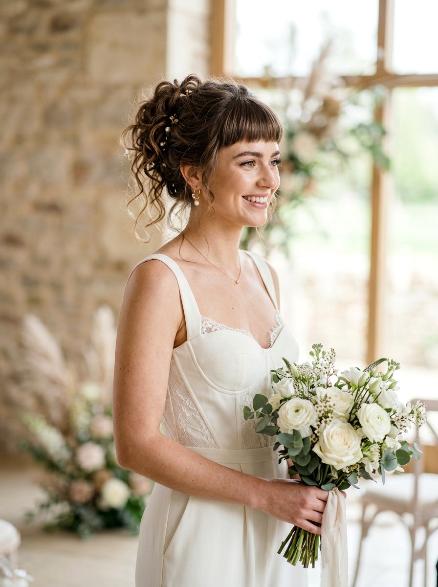 Textured Updo with Micro Bangs - 20 wedding hairstyles for brides with bangs - 20 wedding hairstyles for brides with bangs