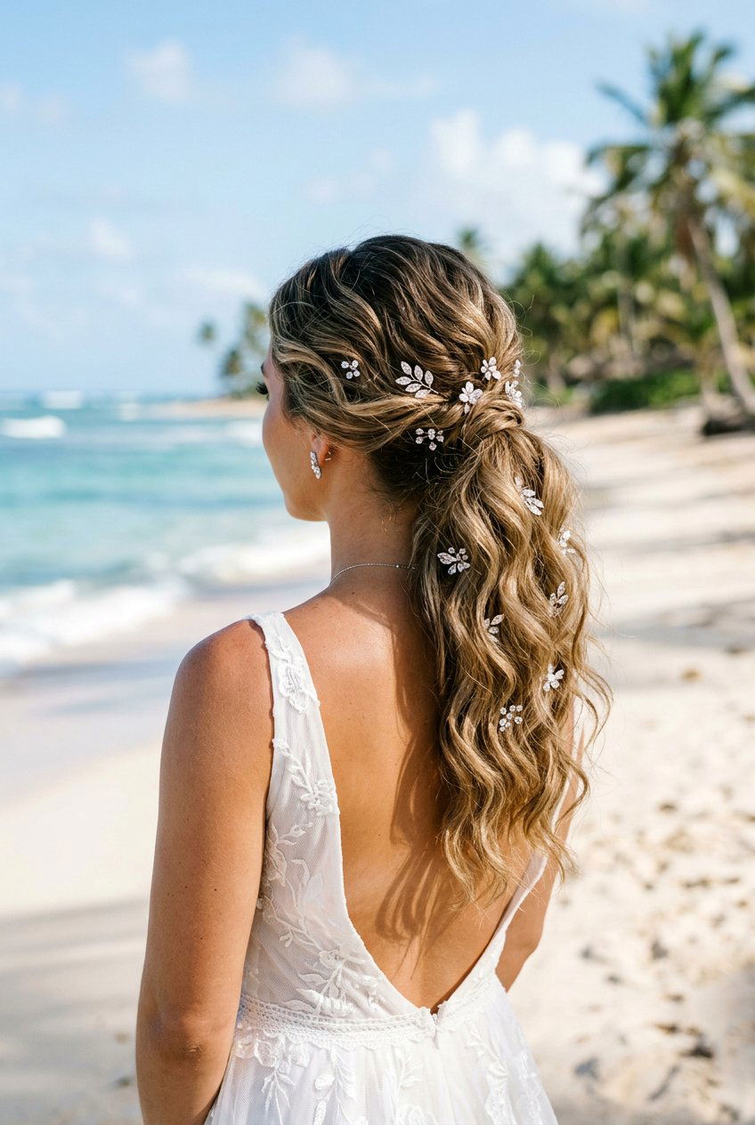 Textured Waves Bridal Ponytail With Crystal Pins - 20 bridal ponytail with crystal pins - 20 bridal ponytail with crystal pins