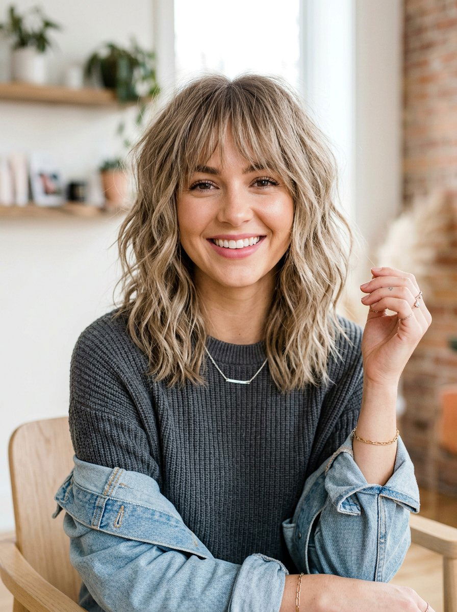 Textured Wavy Haircut With Wispy Bangs - 20 wavy haircut with wispy bangs - 20 wavy haircut with wispy bangs
