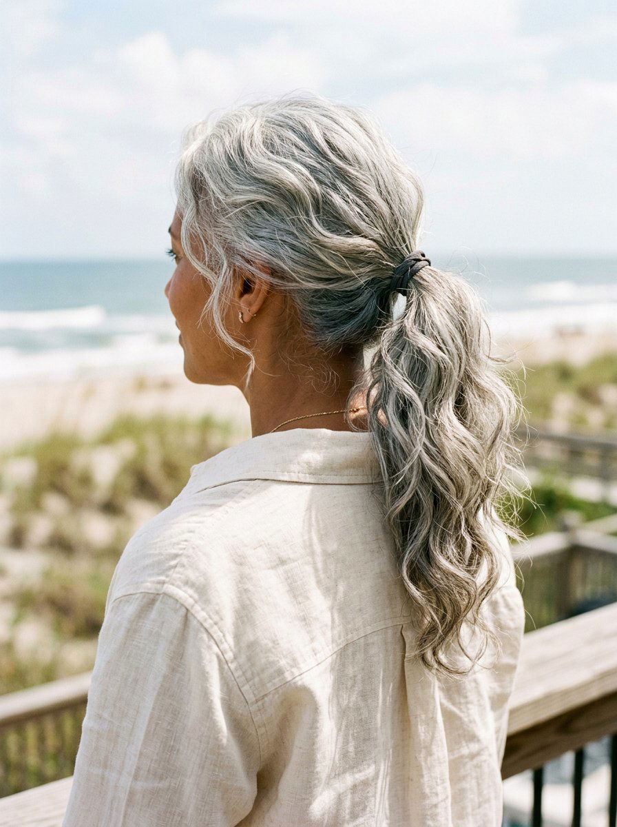 Textured Wavy Silver Ponytail - 20 classy silver ponytail hairstyle - 20 classy silver ponytail hairstyle