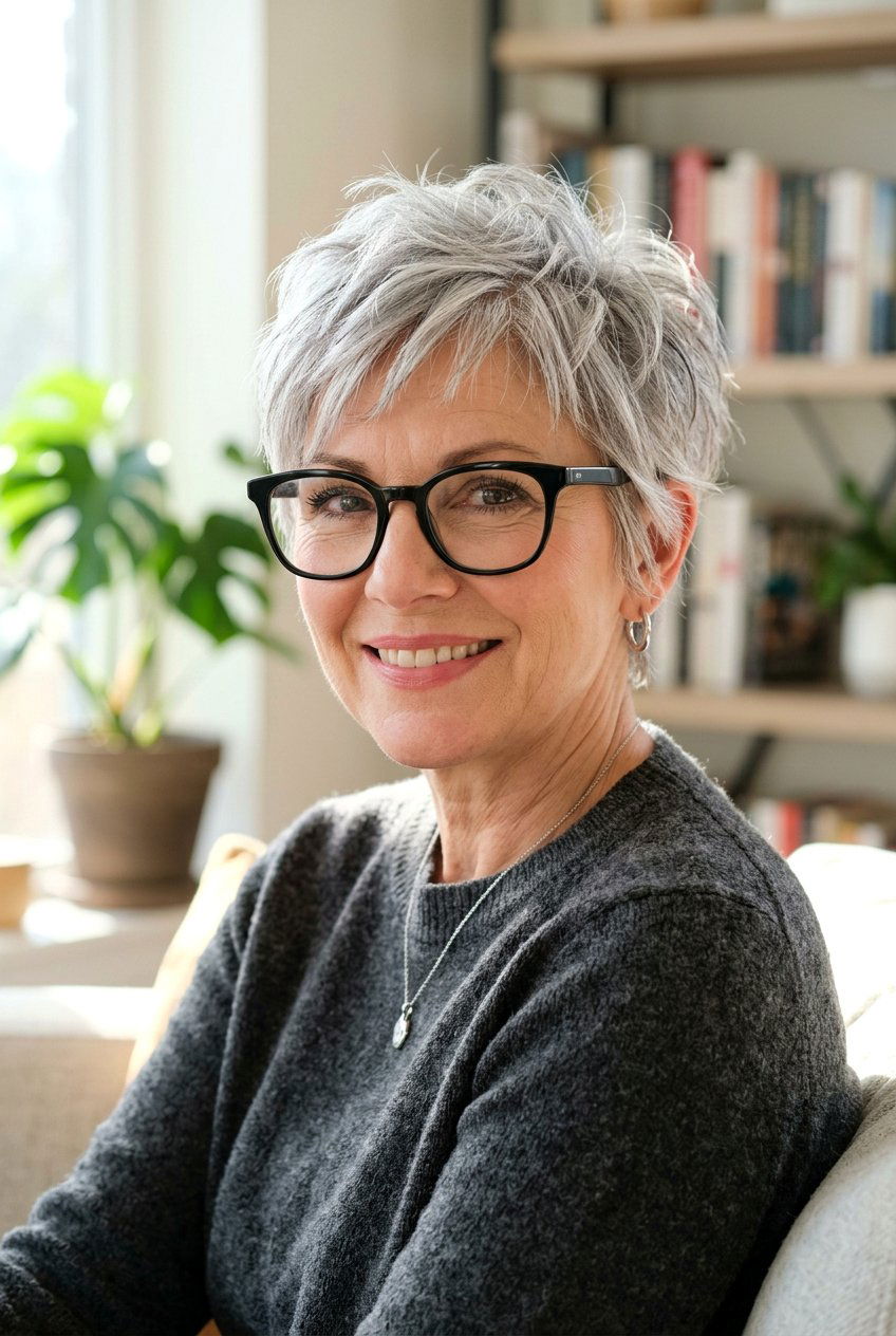Textured pixie cut - 20 hairstyles for women over 40 with glasses - 20 hairstyles for women over 40 with glasses