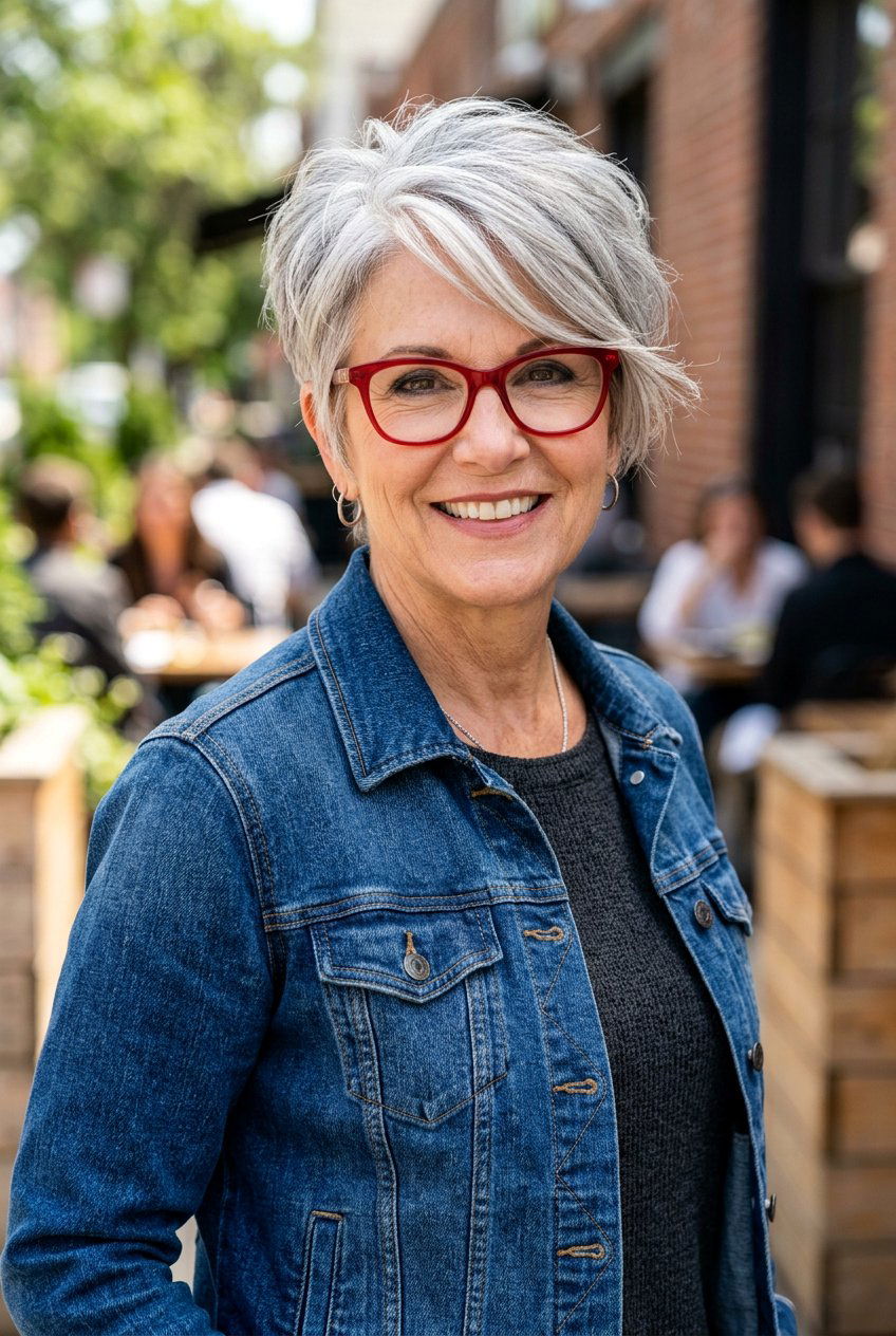 Textured pixie with side swept fringe - 20 hairstyles for women with glasses over 60 - 20 hairstyles for women with glasses over 60