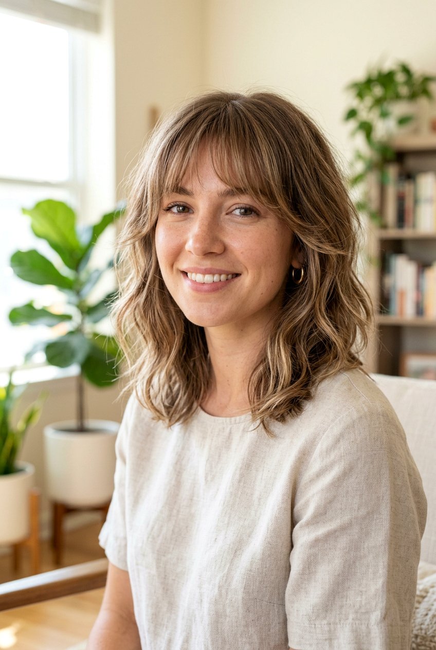 Textured shoulder length hair with soft bangs - 20 shoulder length haircuts with bangs - 20 shoulder length haircuts with bangs