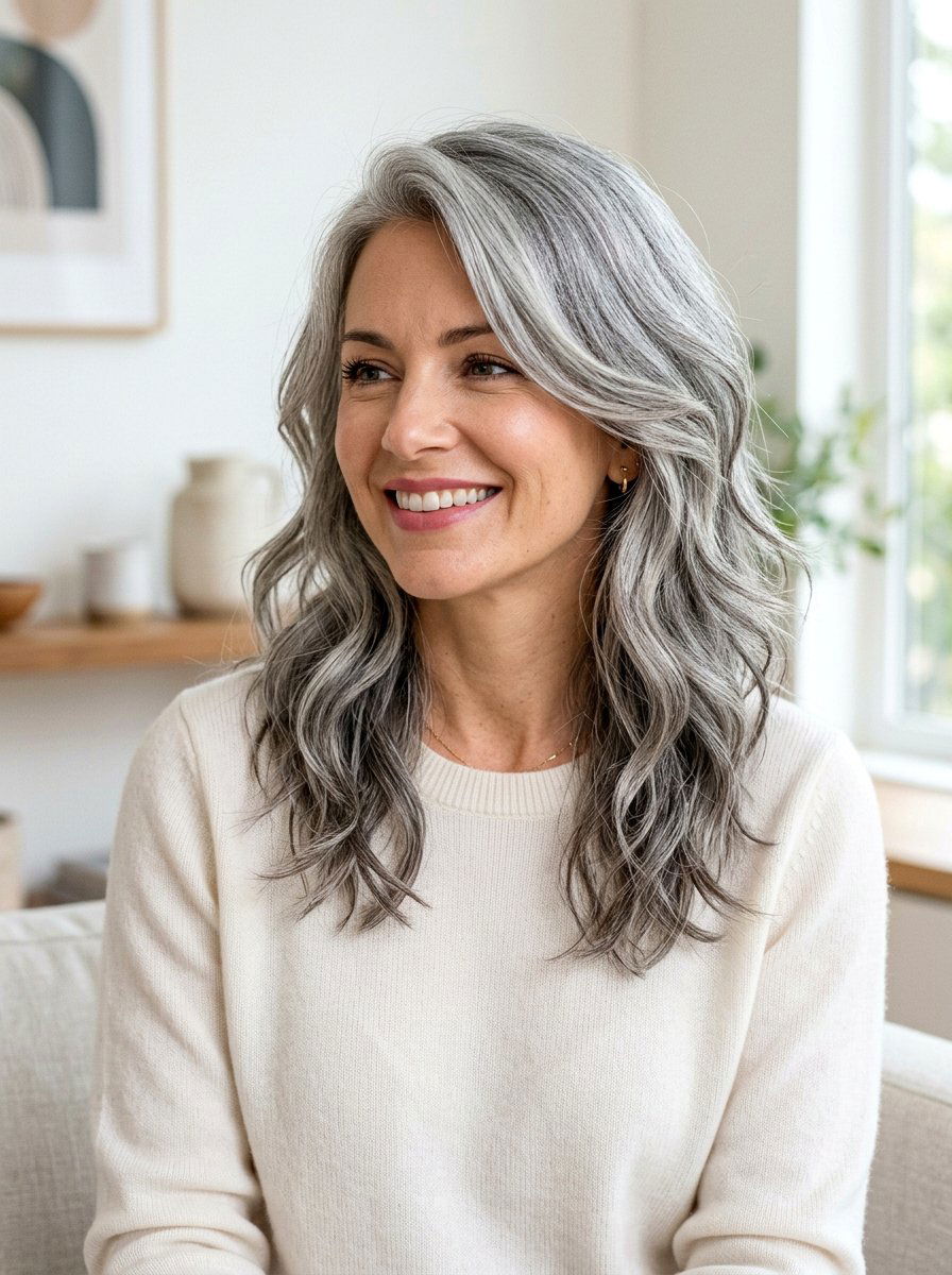 Textured silver layers - 20 shoulder length gray layered haircut - 20 shoulder length gray layered haircut