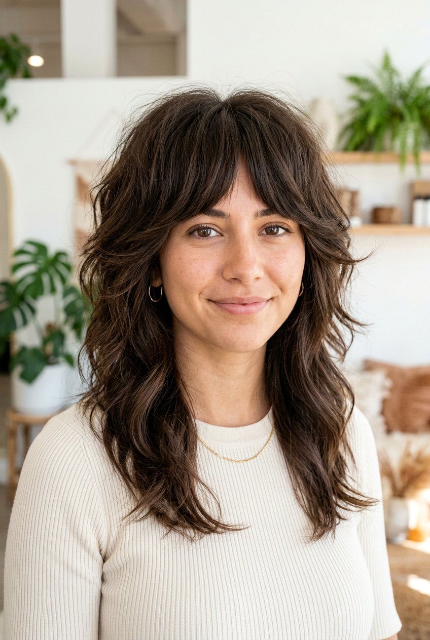 Thick Hair Shag With Bottleneck Fringe - 20 shag haircut with bottleneck bangs - 20 shag haircut with bottleneck bangs