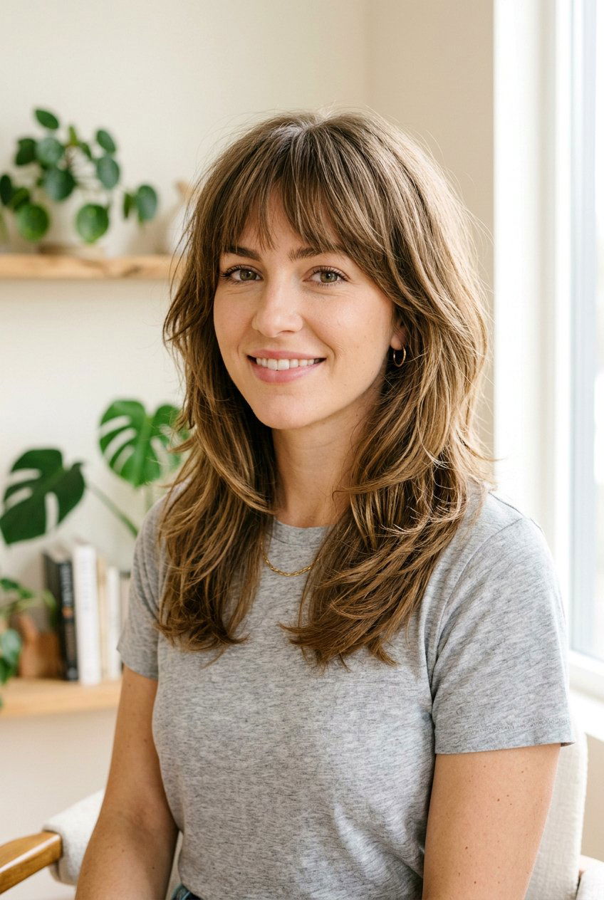 Thick Shoulder Length With Layered Bangs - 20 mom shoulder length haircut with bangs - 20 mom shoulder length haircut with bangs