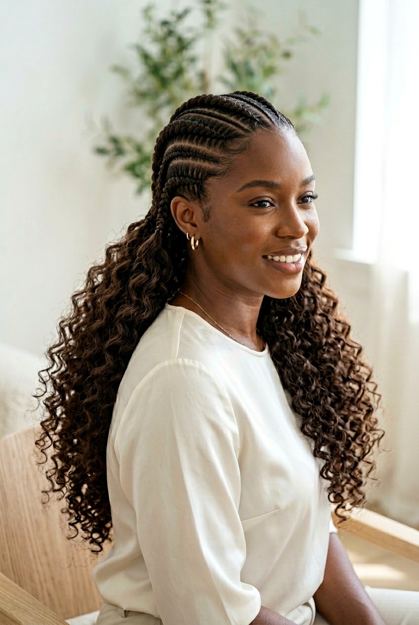 Thick Stitch Cornrows With Deep Wave Ends - 20 straight back cornrows with curly ends - 20 straight back cornrows with curly ends