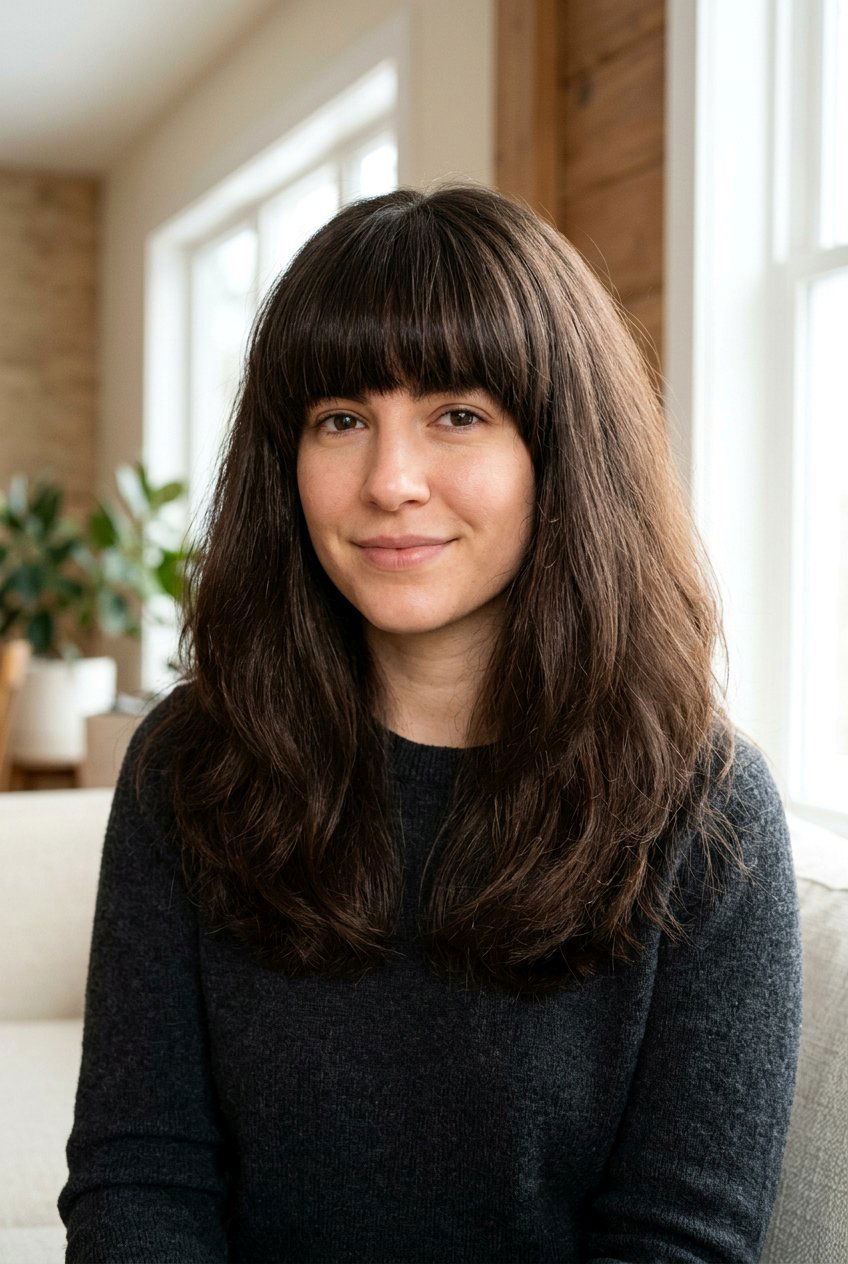 Thick shoulder length hair with heavy bangs - 20 shoulder length haircuts with bangs - 20 shoulder length haircuts with bangs