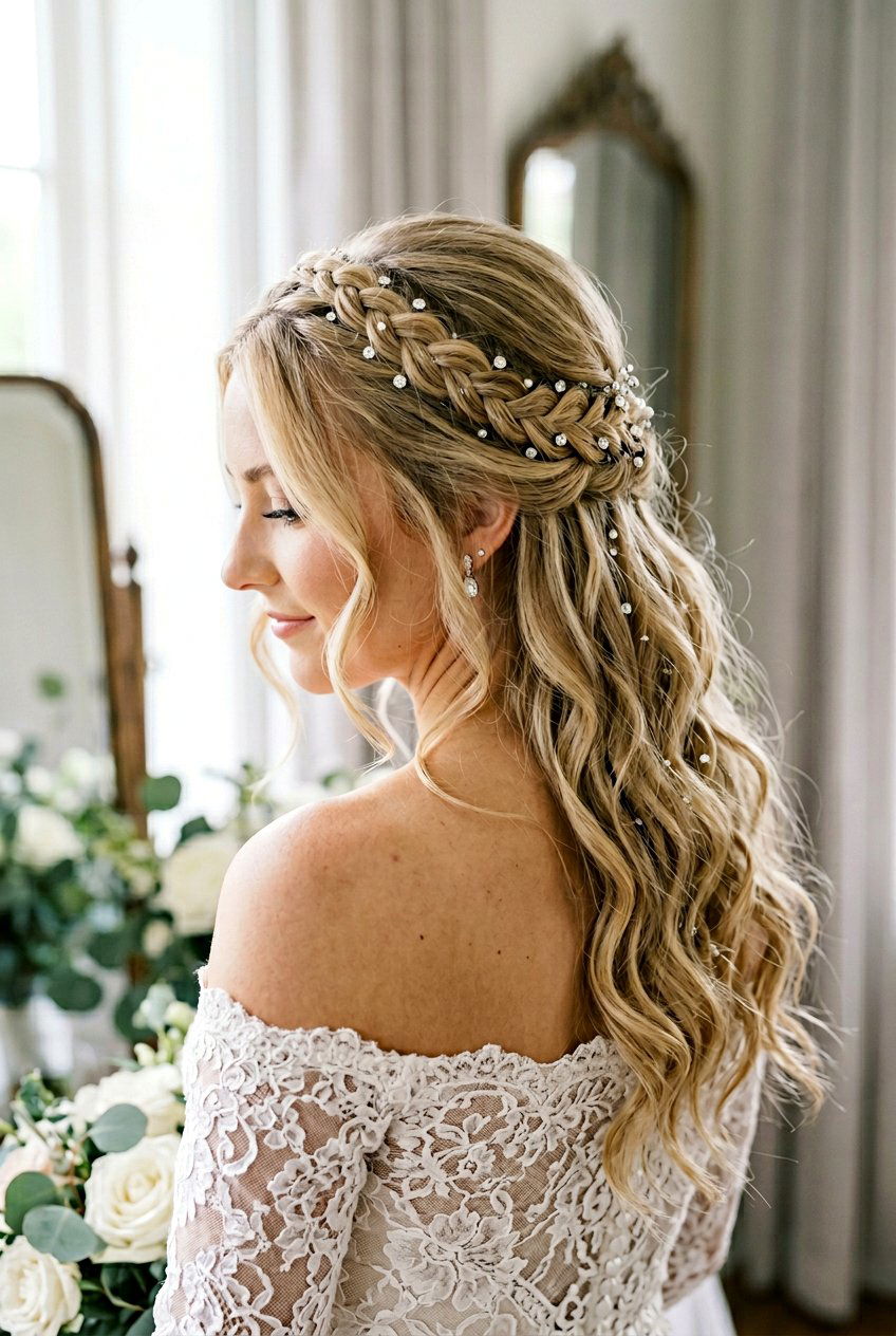 Thin Halo Braid Crown Half Up - 20 bridal half up with braid crown - 20 bridal half up with braid crown