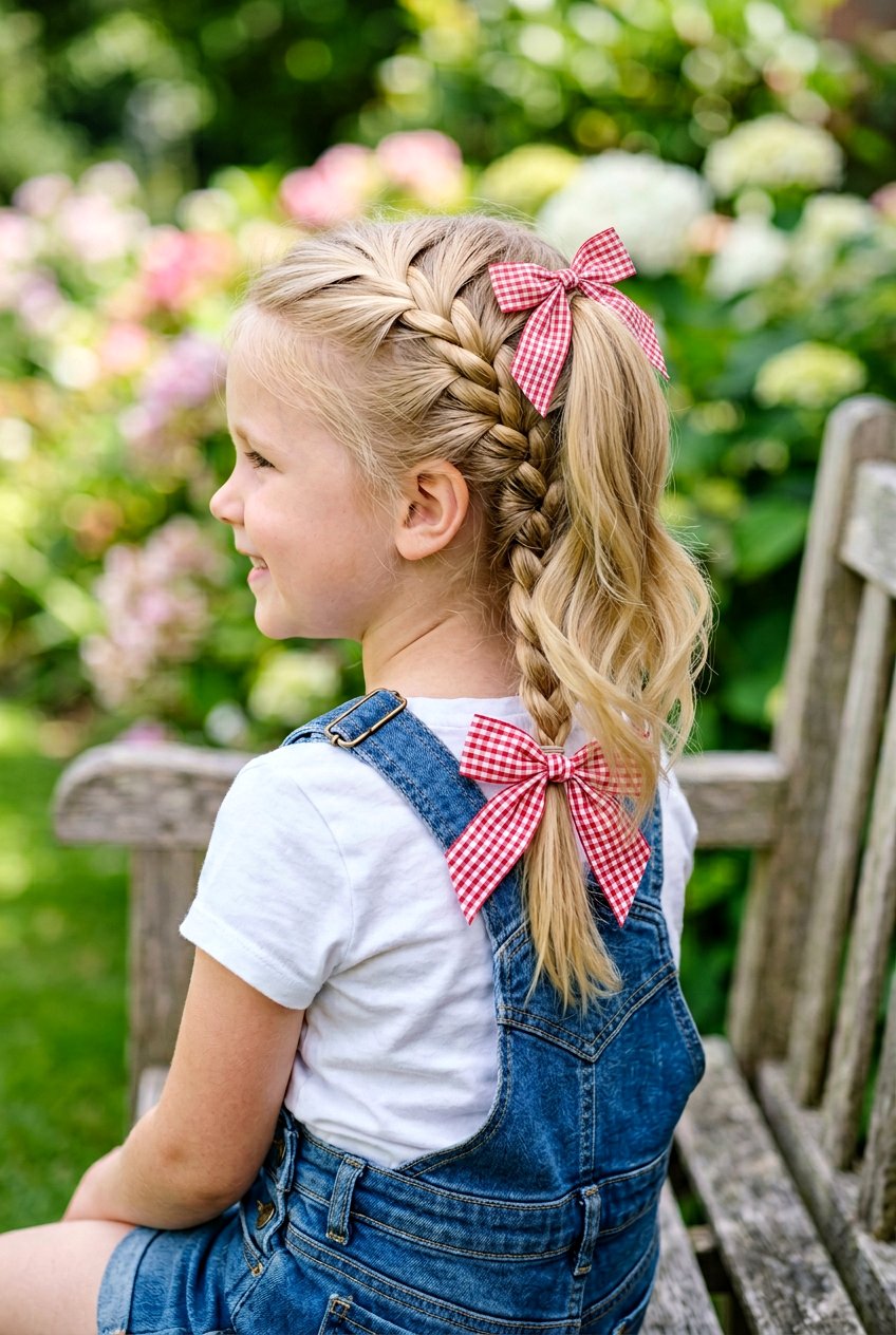 Three Strand Braid Ponytail With Gingham Ribbon Bow - 20 little girls ponytail with ribbon bow - 20 little girls ponytail with ribbon bow