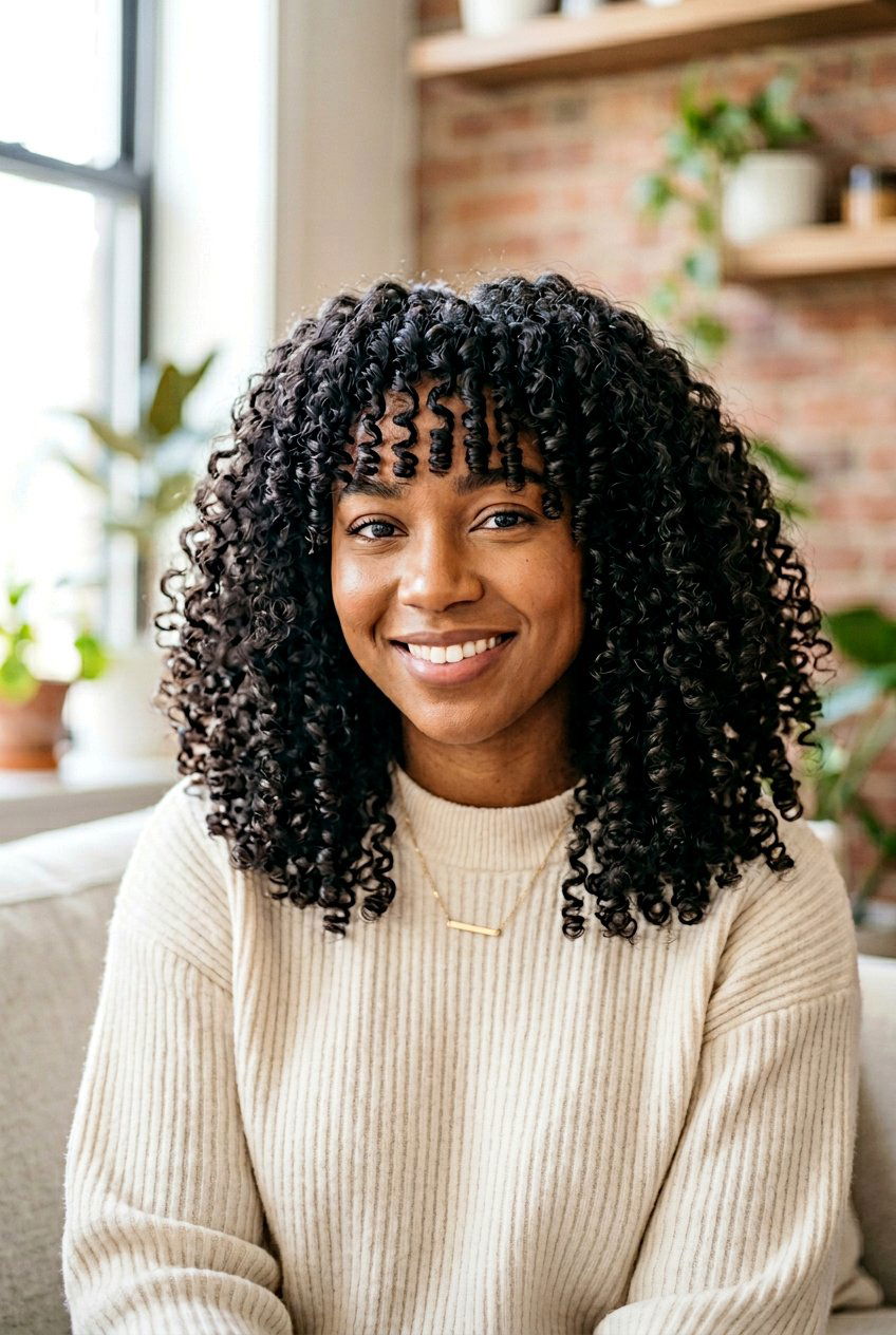 Tight Curls Curtain Bangs - 20 curly curtain bangs hairstyle - 20 curly curtain bangs hairstyle