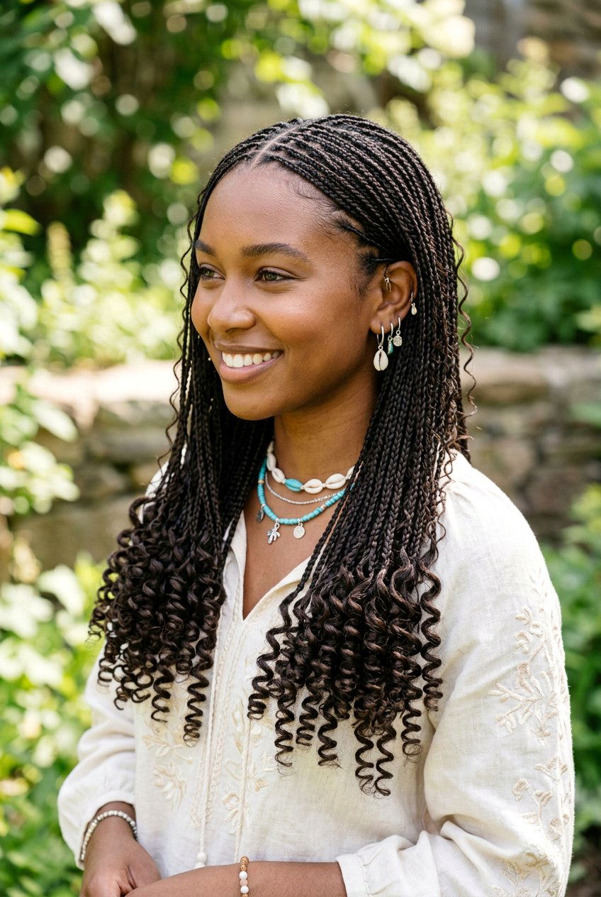 Tiny Micro Braids With Spiral Ends - 20 straight back cornrows with curly ends - 20 straight back cornrows with curly ends