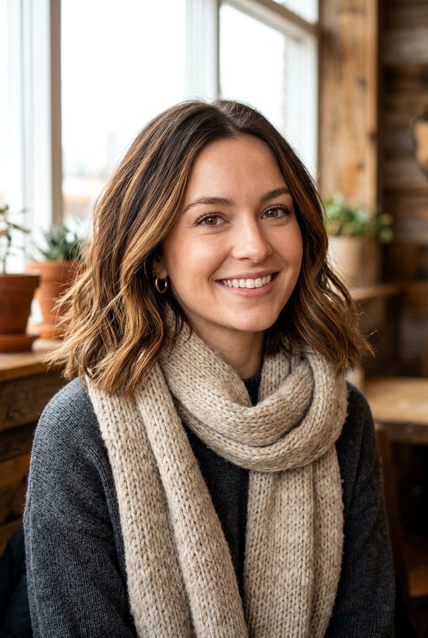 Toffee Brunette Balayage Textured Lob - 20 brunette balayage for shoulder length layers - 20 brunette balayage for shoulder length layers