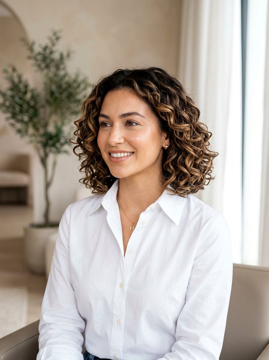 Toffee Dimensional Balayage Blunt Curly Bob - 20 dimensional balayage for curly bob - 20 dimensional balayage for curly bob