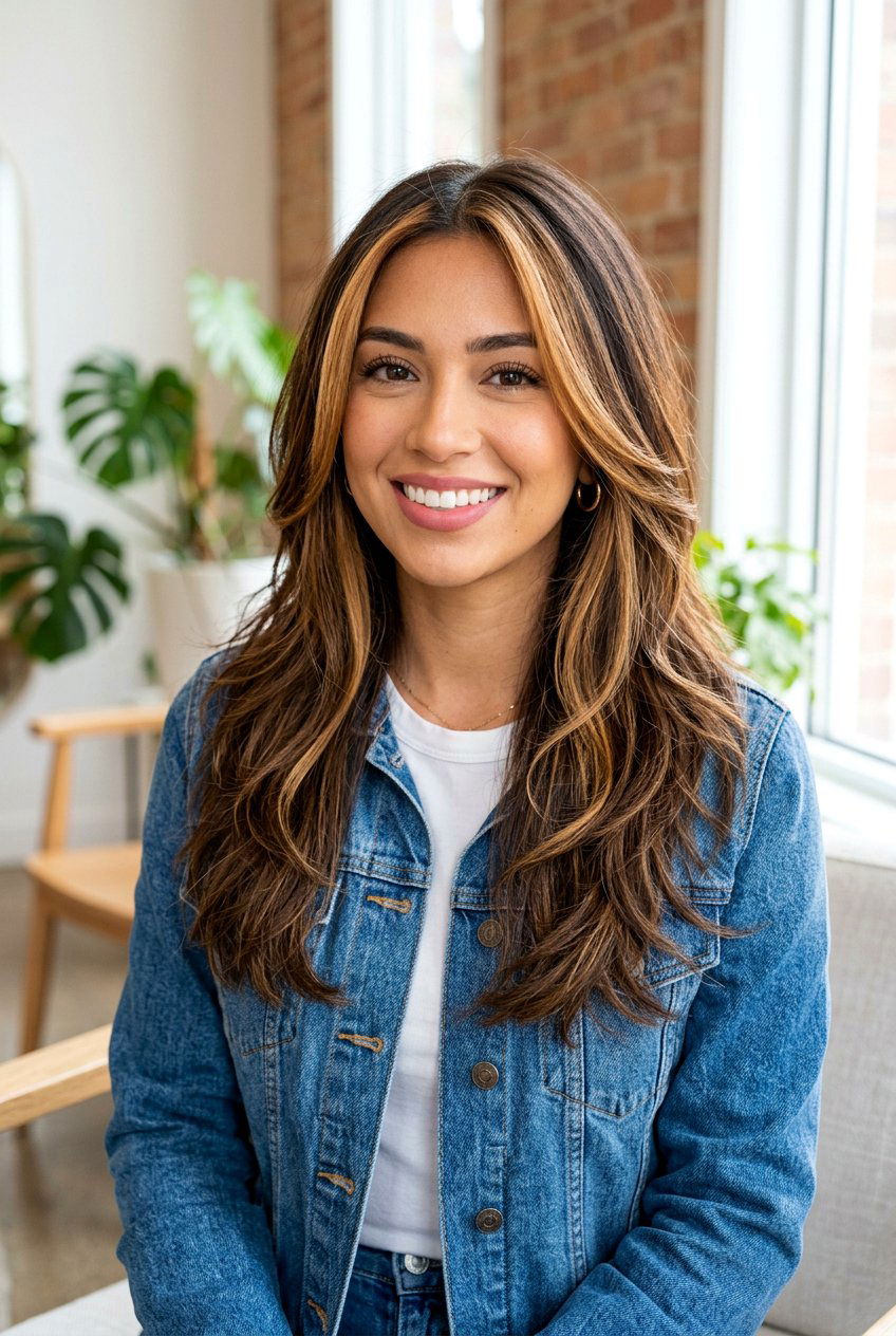 Toffee Money Piece On Brunette Layers - 20 natural looking brunette refresh - 20 natural looking brunette refresh