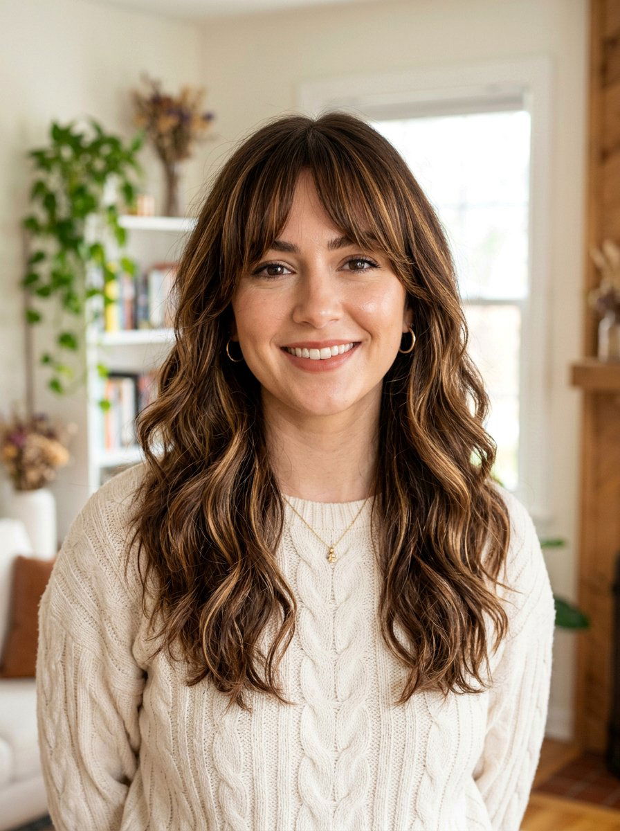 Toffee Ribbon Highlights With Curtain Bangs - 20 ribbon highlights for medium brown hair - 20 ribbon highlights for medium brown hair