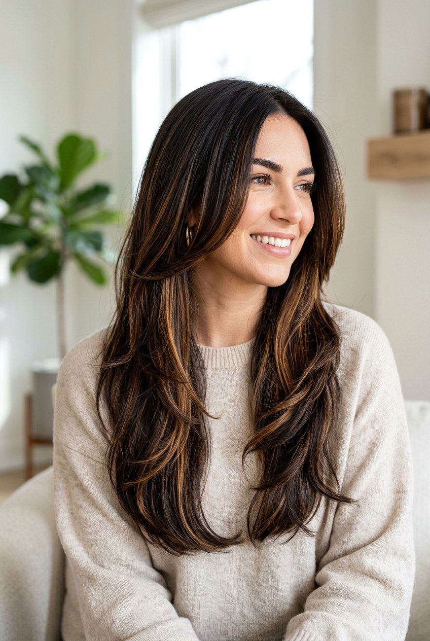 Toffee Ribbon Highlights on Dark Brunette Hair - 20 brunette ribbon highlights - 20 brunette ribbon highlights