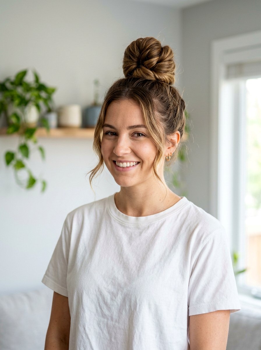 Top Knot Bun - 20 vacation hairstyle for airplane travel - 20 vacation hairstyle for airplane travel
