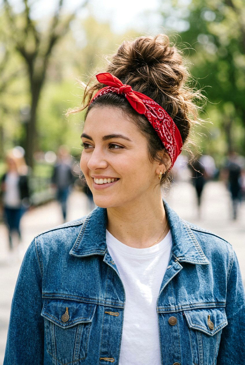Top Knot With Bandana Headband - 20 headband bun hairstyle - 20 headband bun hairstyle