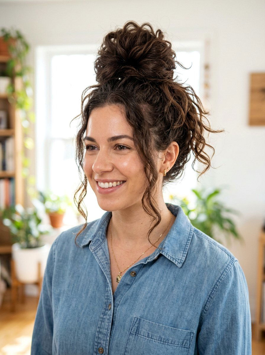 Top Knot With Loose Ends - 20 quick school hairstyle for medium hair - 20 quick school hairstyle for medium hair