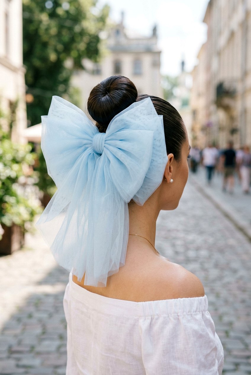 Top Knot With Oversized Tulle Bow - 20 coquette bow bun hairstyle - 20 coquette bow bun hairstyle