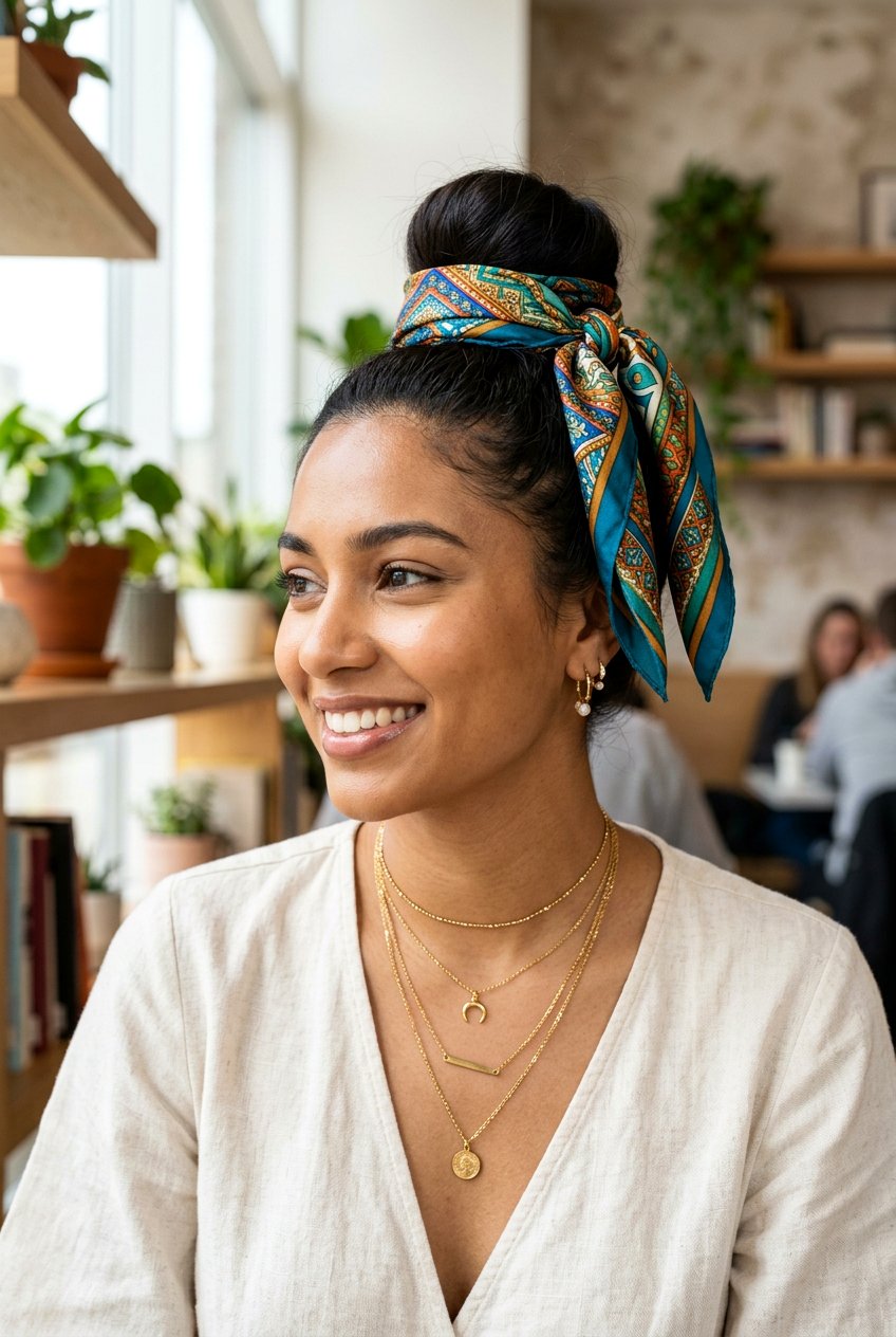 Top Knot With Scarf - 20 concert bun hairstyles - 20 concert bun hairstyles