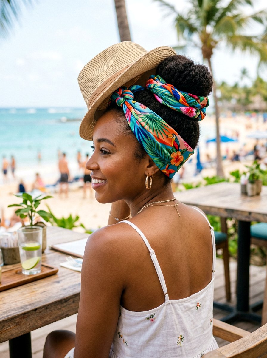 Top Knot With Tropical Scarf - 20 vacation hairstyle with tropical scarf - 20 vacation hairstyle with tropical scarf