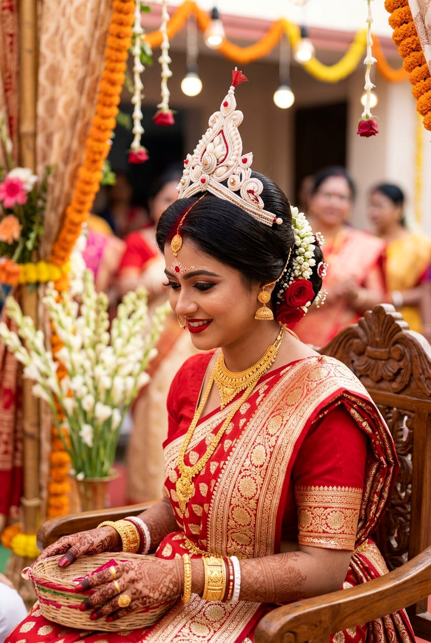 Traditional Bengali Bridal Bun With Mukut - 20 desi bridal bun hairstyle - 20 desi bridal bun hairstyle