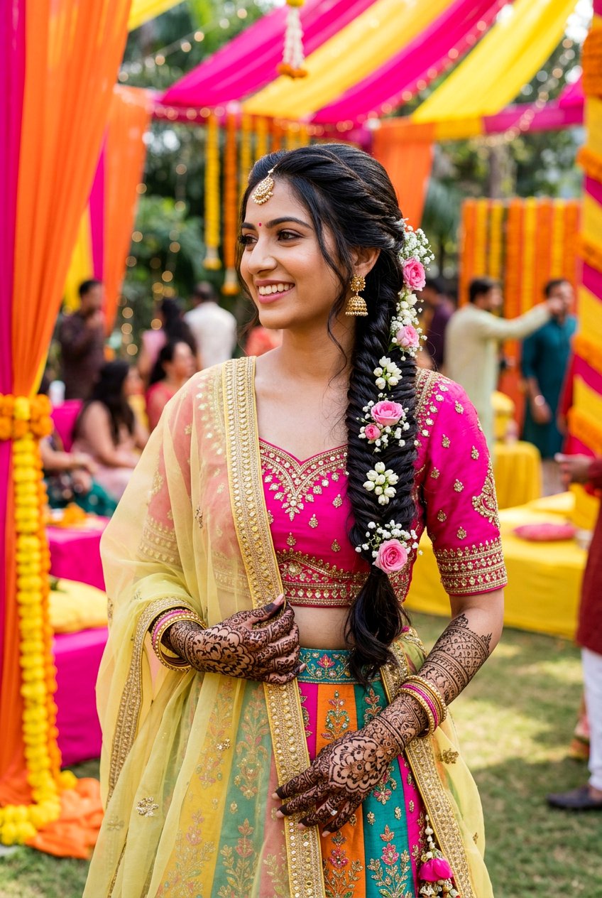 Traditional Fishtail Braid Mehndi Look - 20 pakistani bridal hairstyles - 20 pakistani bridal hairstyles