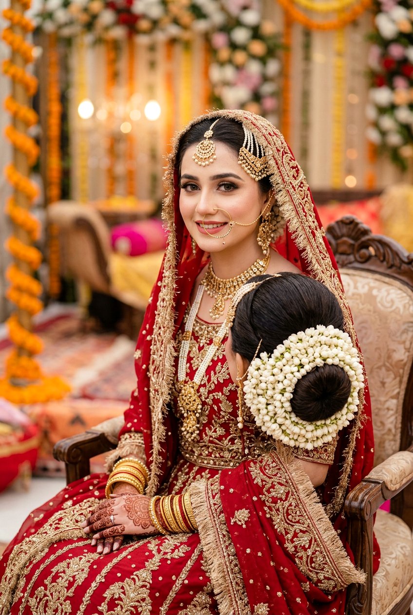 Traditional Gajra Bun Pakistani Bride - 20 pakistani bridal hairstyles - 20 pakistani bridal hairstyles